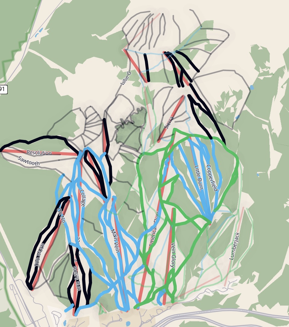 Copper Mountain map with completed runs lit up in green, blue, and black