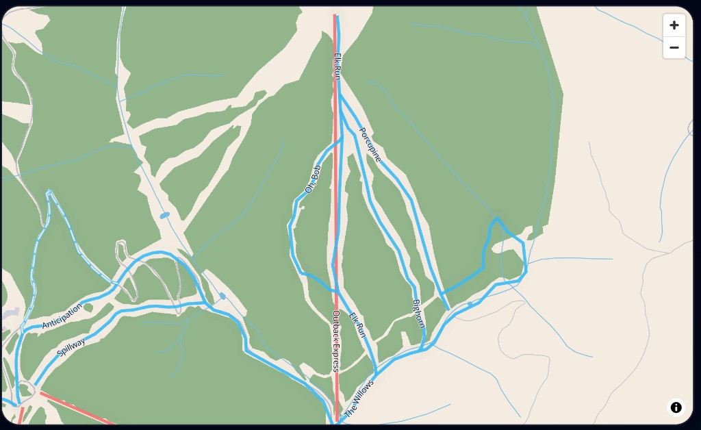 A ski resort map with completed runs highlighted